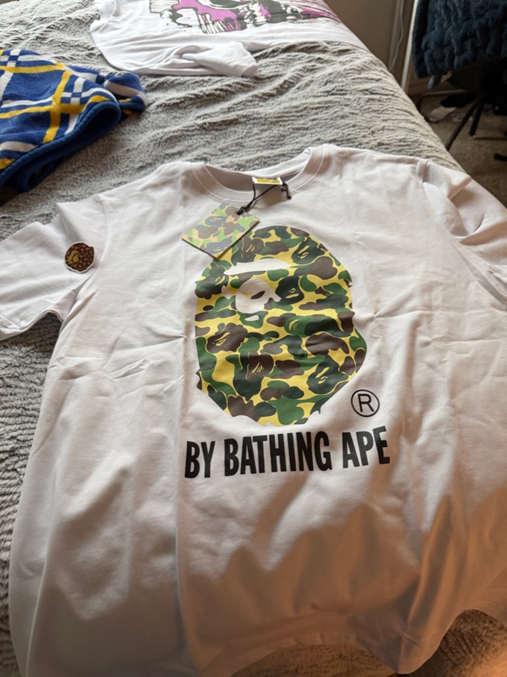 By Bathing Ape White T-Shirt with Green Camo Ape Graphic